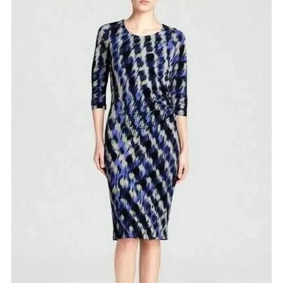 Boss Hugo Boss Size L Blue Black Abstract Print 3/4 Sleeve Ruched Sheath Dress - Picture 1 of 15